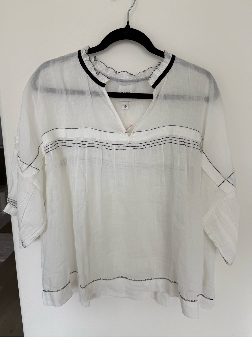 Anthropologie White Peasant Blouse with Black Stitching